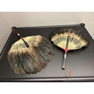 Vintage Asian Chinese Pien Mien Feather Fan Hand Fan Pair Set Of 2 Goose/duck?